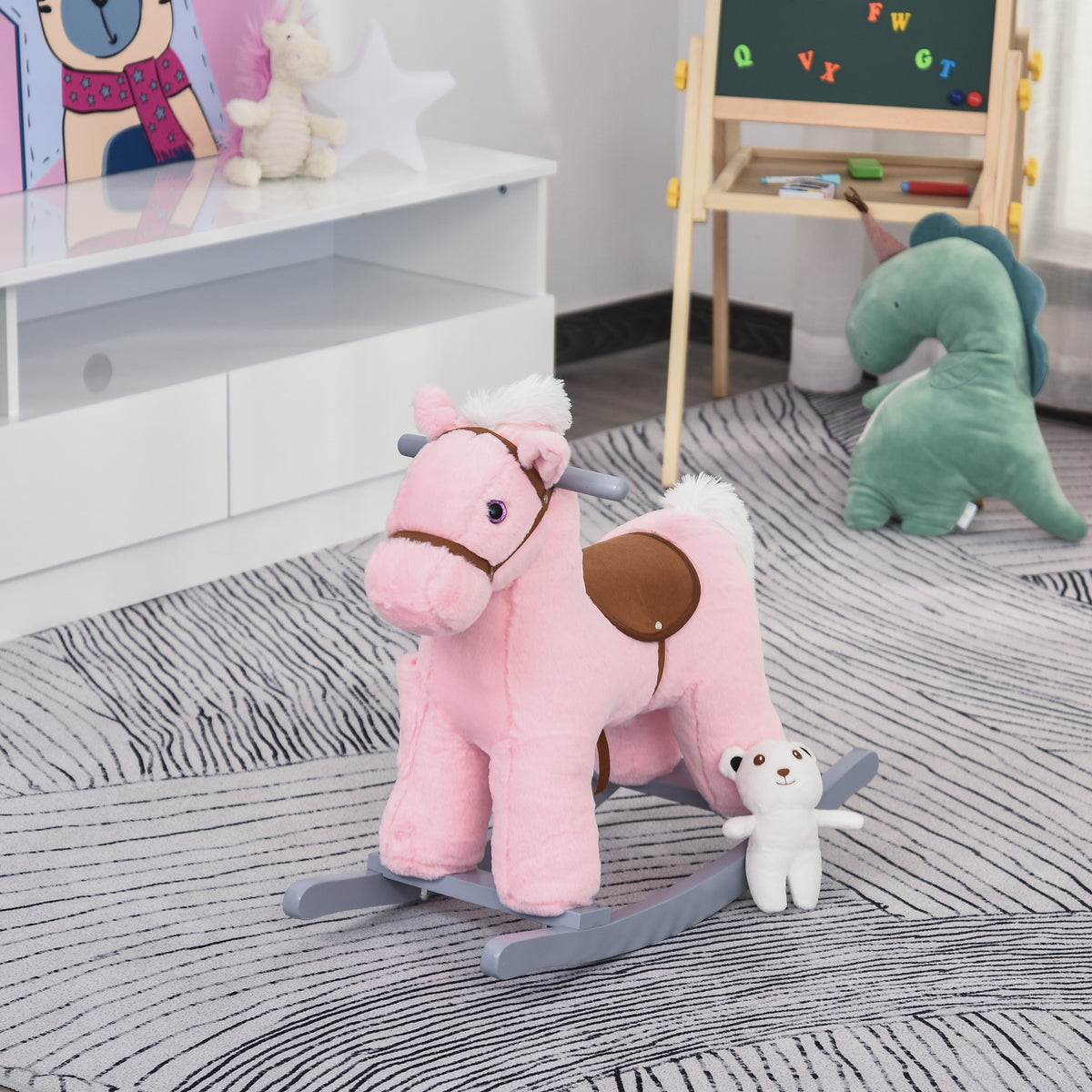 Qaba Kids Rocking Horse Plush Animal on Wooden Rockers with Sounds, Wooden Base and Bear Toy, Baby Rocking Chair