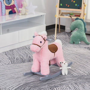 Qaba Kids Rocking Horse Plush Animal on Wooden Rockers with Sounds, Wooden Base and Bear Toy, Baby Rocking Chair
