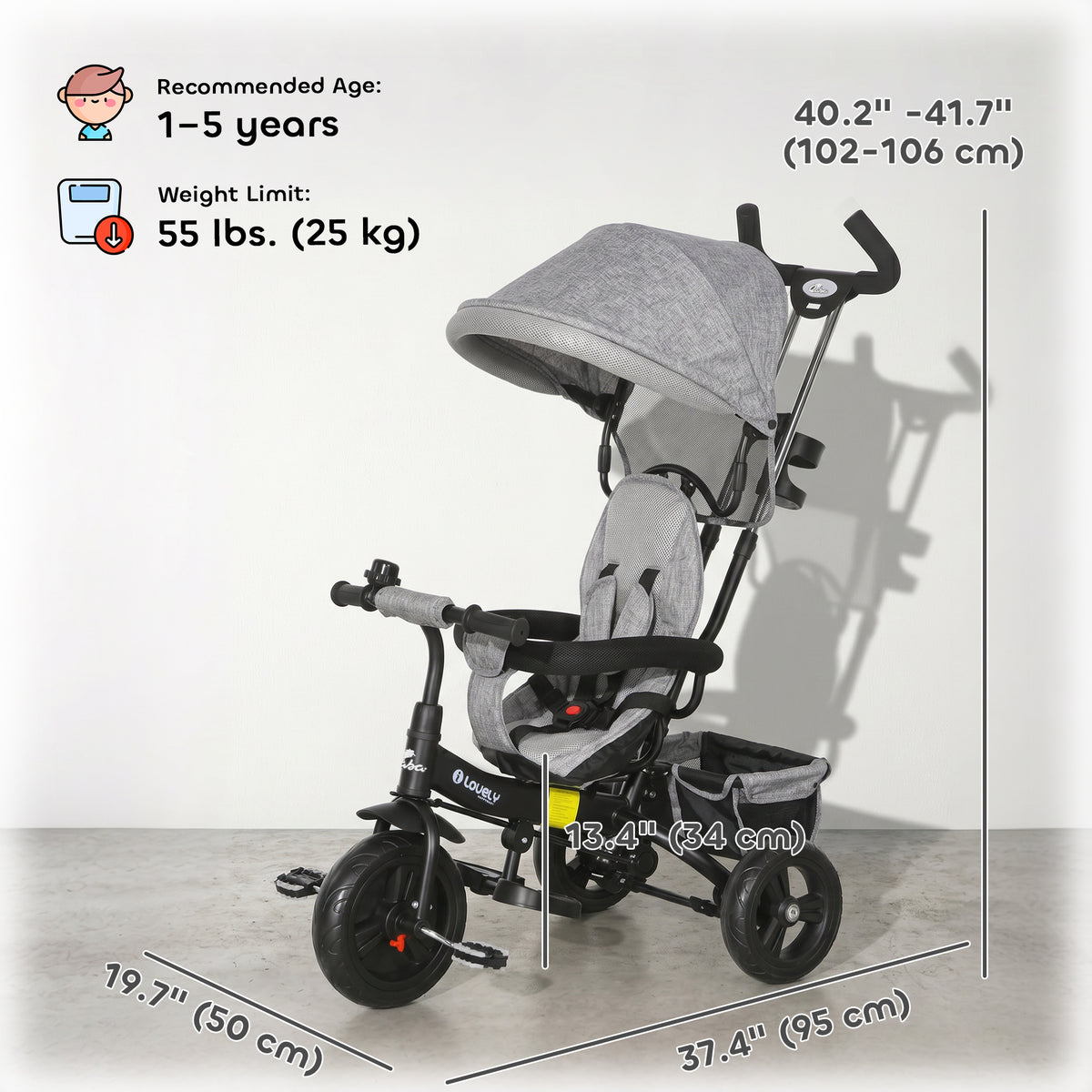 Qaba 6 in 1 Toddler Tricycle Stroller with Basket, Canopy, 5-point Safety Harness, for 12-60 Months