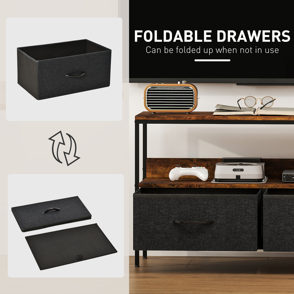 TV Stand with Charging Station, TV Table with 2 Foldable Linen Drawers and Open Shelf for 47 Inch – view 39