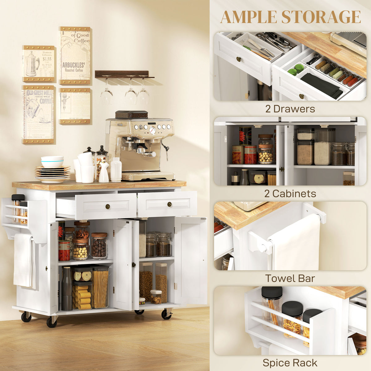 Kitchen Island with Storage, Rolling Trolley Cart with Rubber Wood Top, Spice Rack, Towel Rack, Brown Oak – view 40