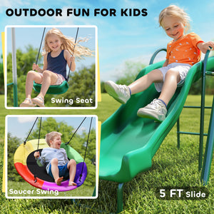 Qaba Metal Swing Set with Slide, Saucer Swing Seat, Heavy Duty A-Frame Stand and Adjustable Rope for Backyard, Dark Green