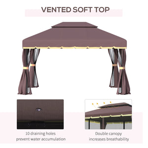 10 x 13ft Aluminum Frame Gazebo Canopy Double Tier Garden Shelter with Netting and Curtains, Coffee