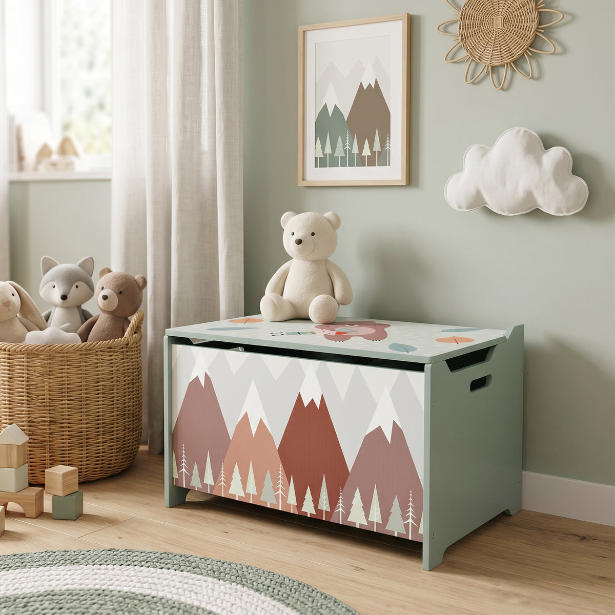 Qaba Toy Box, Kids Storage Chest with Lid, Safety Hinges and Groove Handles, Toy Storage Organizer with Mountain Pattern for Boys, Girls