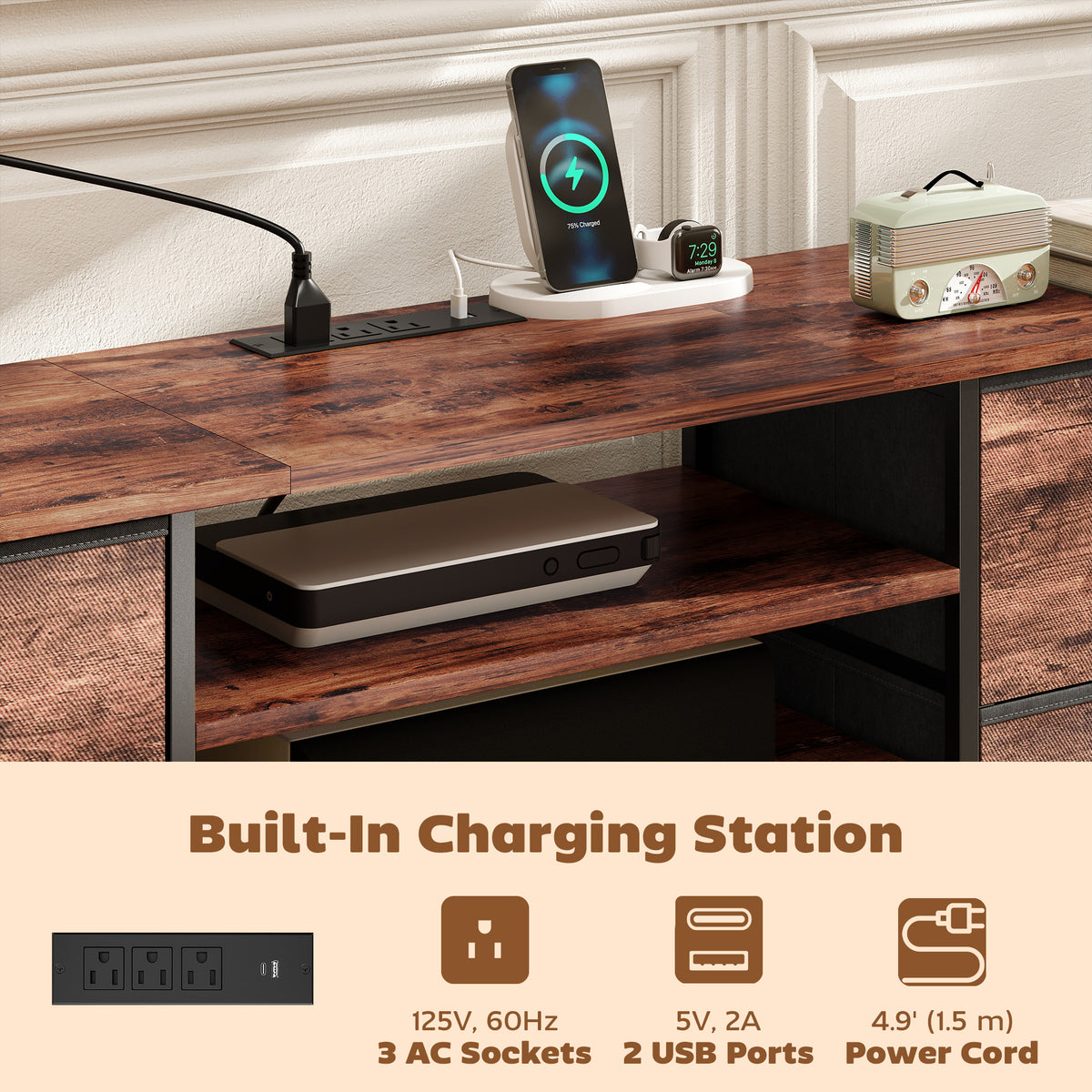 TV Stand for TVs up to 65 Inch, Industrial TV Console with Charging Station, 5 Drawers and Open Shelves – view 3