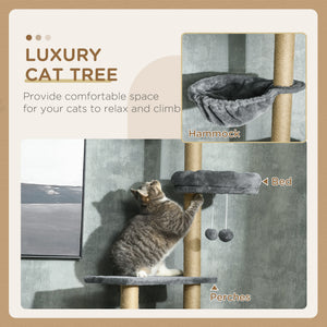 Floor to Ceiling Cat Tree, 90.5" - 98.5" Cat Tower with Scratching Post, Dangling Balls, Platforms, Bed, Hammock, Grey
