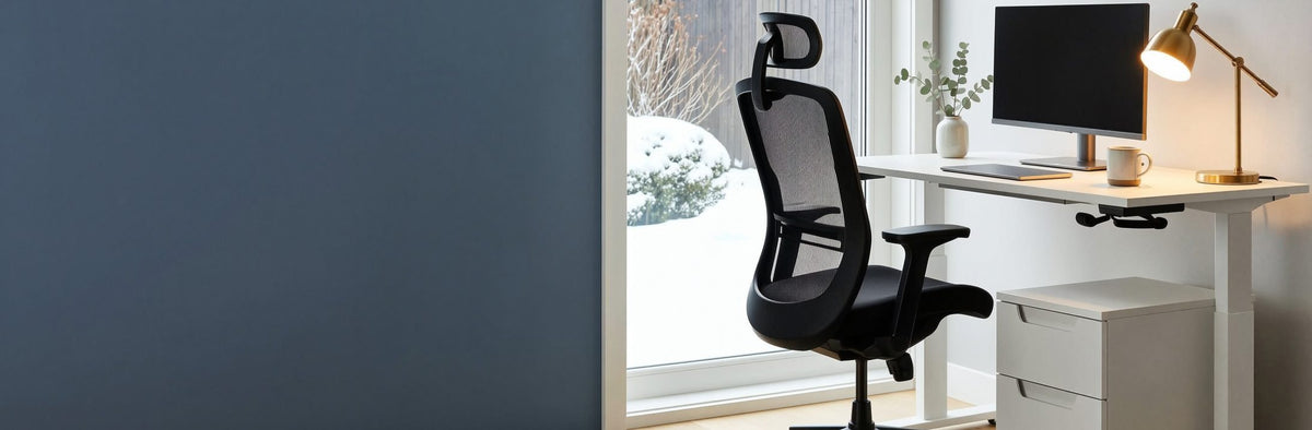 Home office with a white desk and ergonomic mesh chair by a snowy window