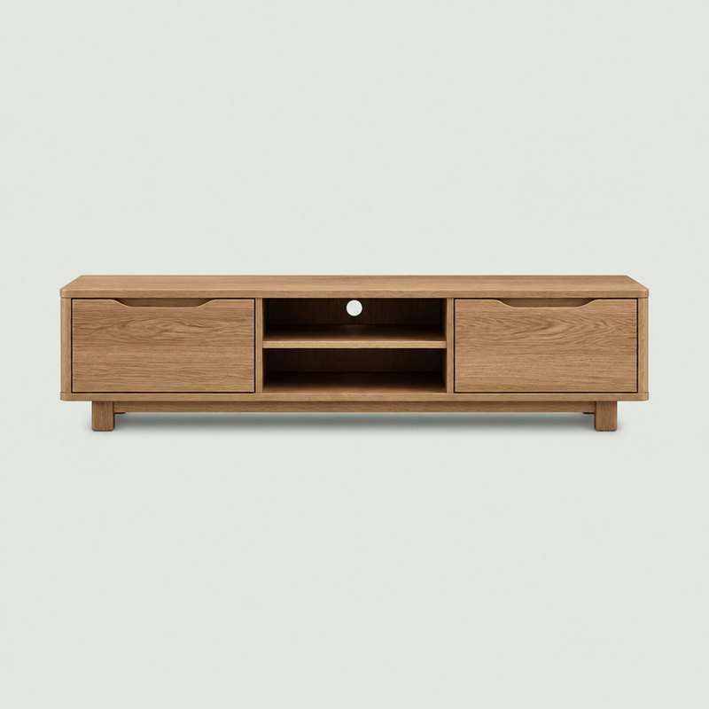 Low wooden TV stand media console on a plain sage background