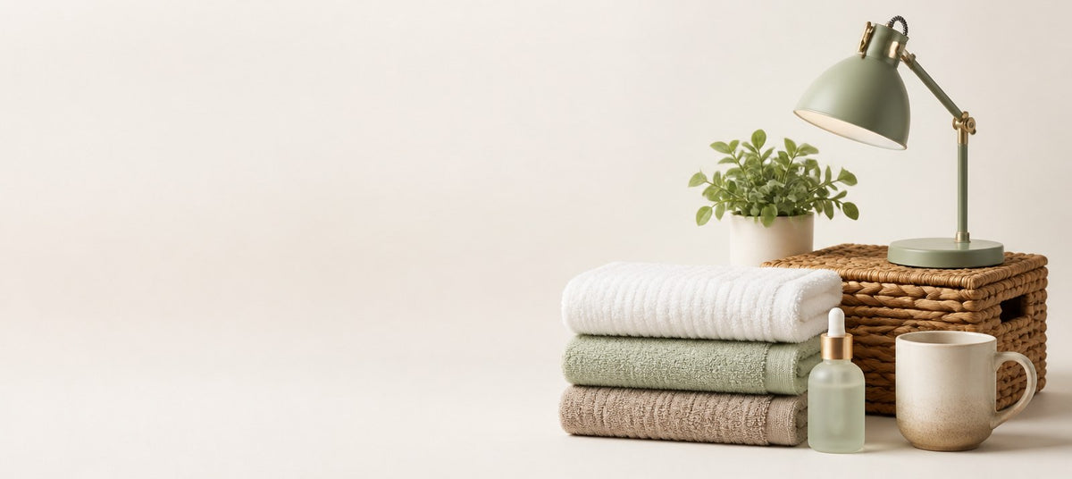 Towels, a woven basket, a desk lamp, a skincare bottle and a mug grouped on a warm neutral background