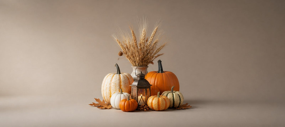 Autumn and Halloween decor with pumpkins, a lantern and dried wheat on a warm neutral background