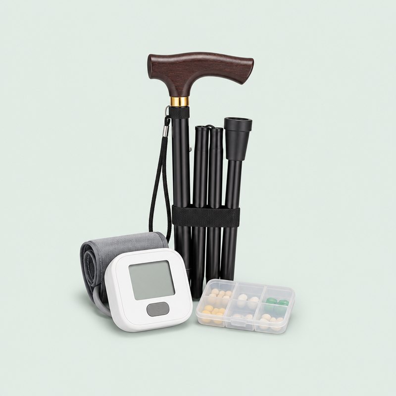 Walking cane, blood pressure monitor and pill organiser on a pale sage background