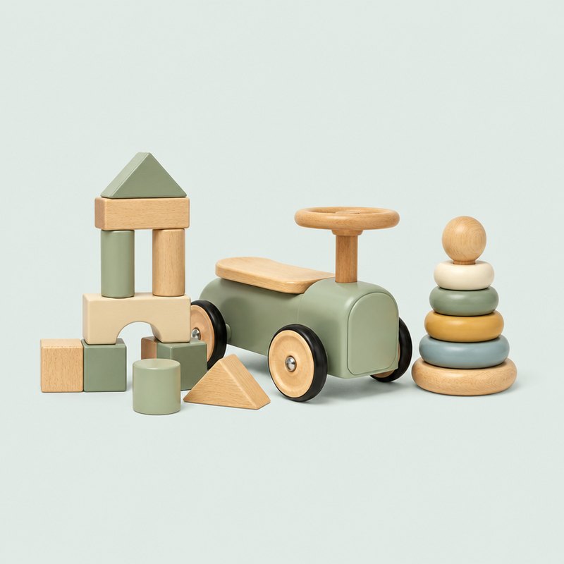 Wooden blocks, ride-on toy car and stacking rings on a pale sage background