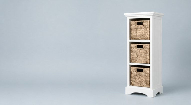 Tall white storage cabinet with woven baskets positioned right, clear space at left