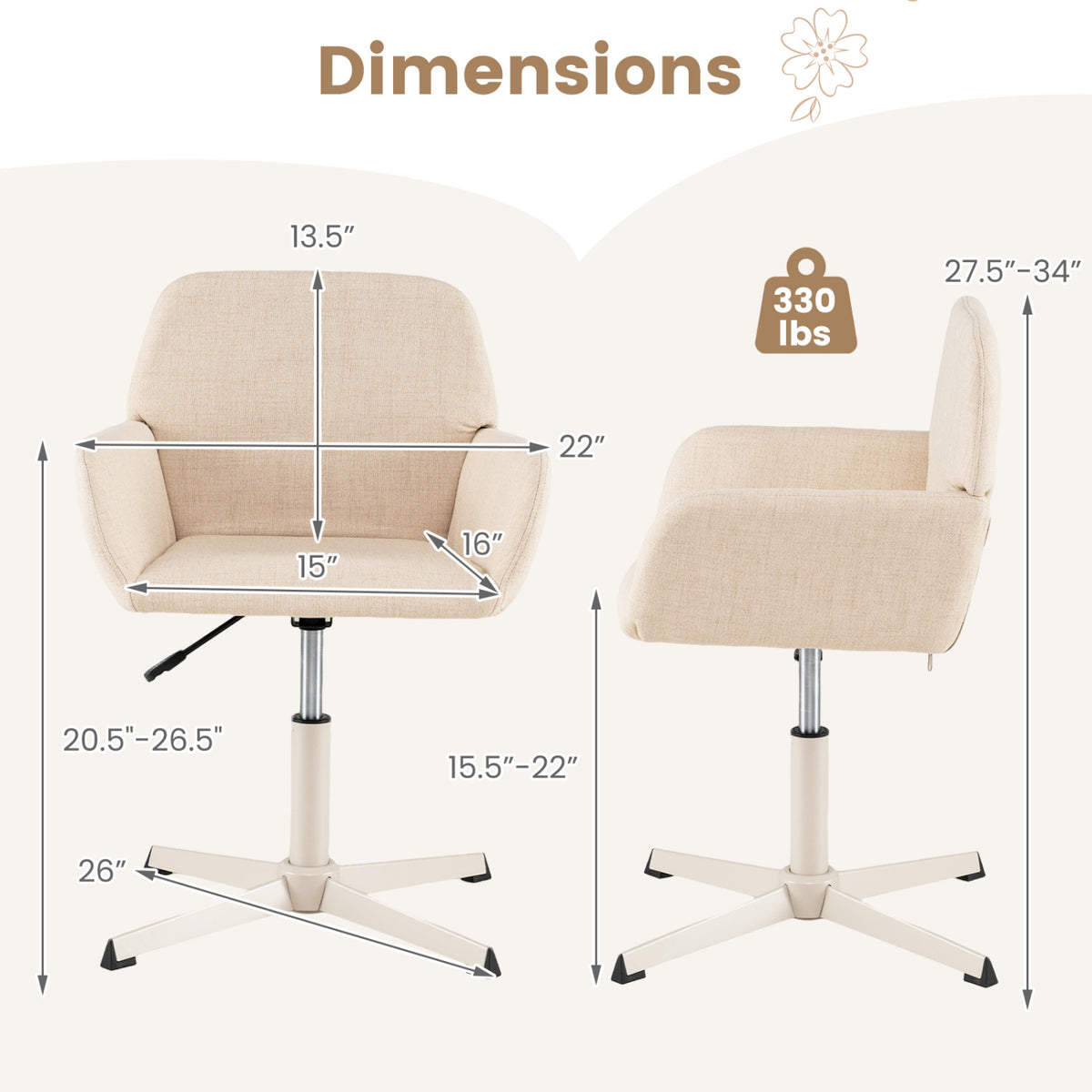 Vanity Chair with Back 360° Swivel Armchair w/ Adjustable Height for Home Office-Beige view 4