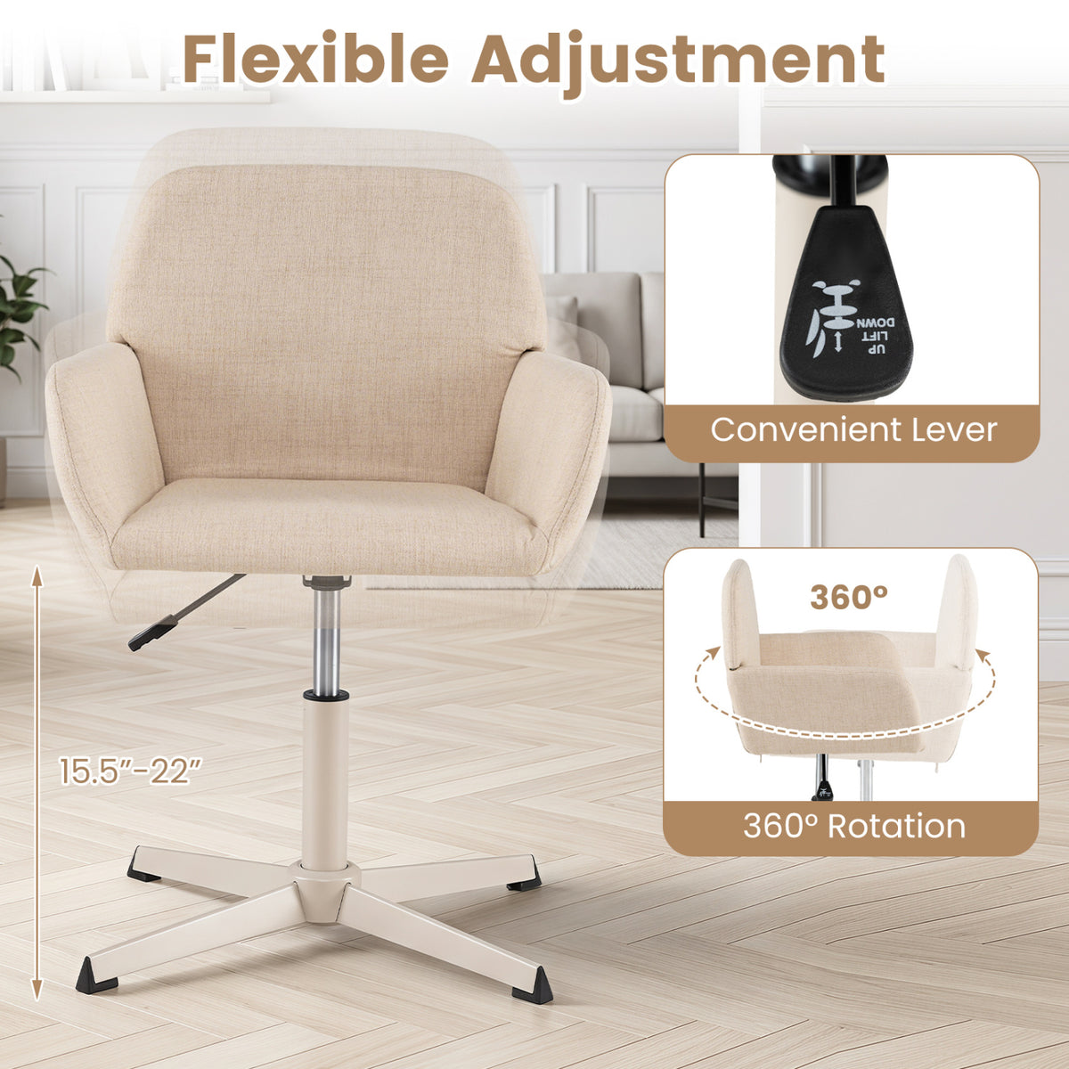 Vanity Chair with Back 360° Swivel Armchair w/ Adjustable Height for Home Office-Beige view 6