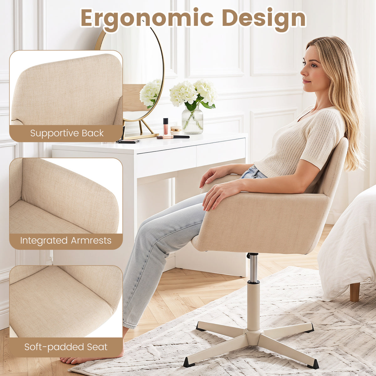 Vanity Chair with Back 360° Swivel Armchair w/ Adjustable Height for Home Office-Beige view 8