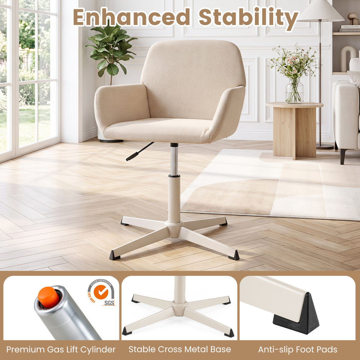 Vanity Chair with Back 360° Swivel Armchair w/ Adjustable Height for Home Office-Beige view 9