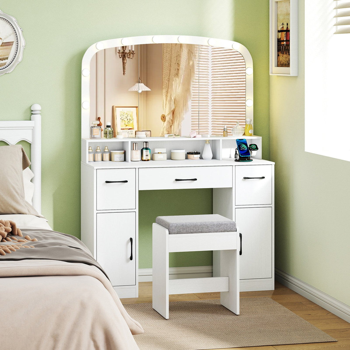 Vanity Desk Makeup Table with Stool 3-Color Lights and Charging Station-White view 3