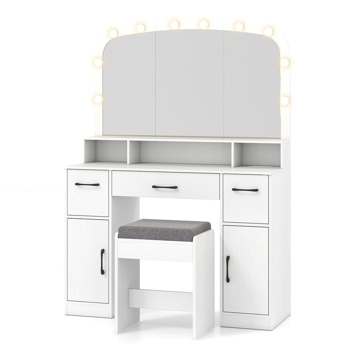 Vanity Desk Makeup Table with Stool 3-Color Lights and Charging Station-White view 4
