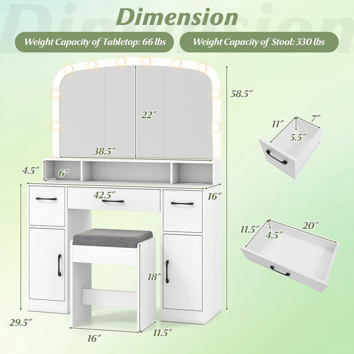 Vanity Desk Makeup Table with Stool 3-Color Lights and Charging Station-White view 5