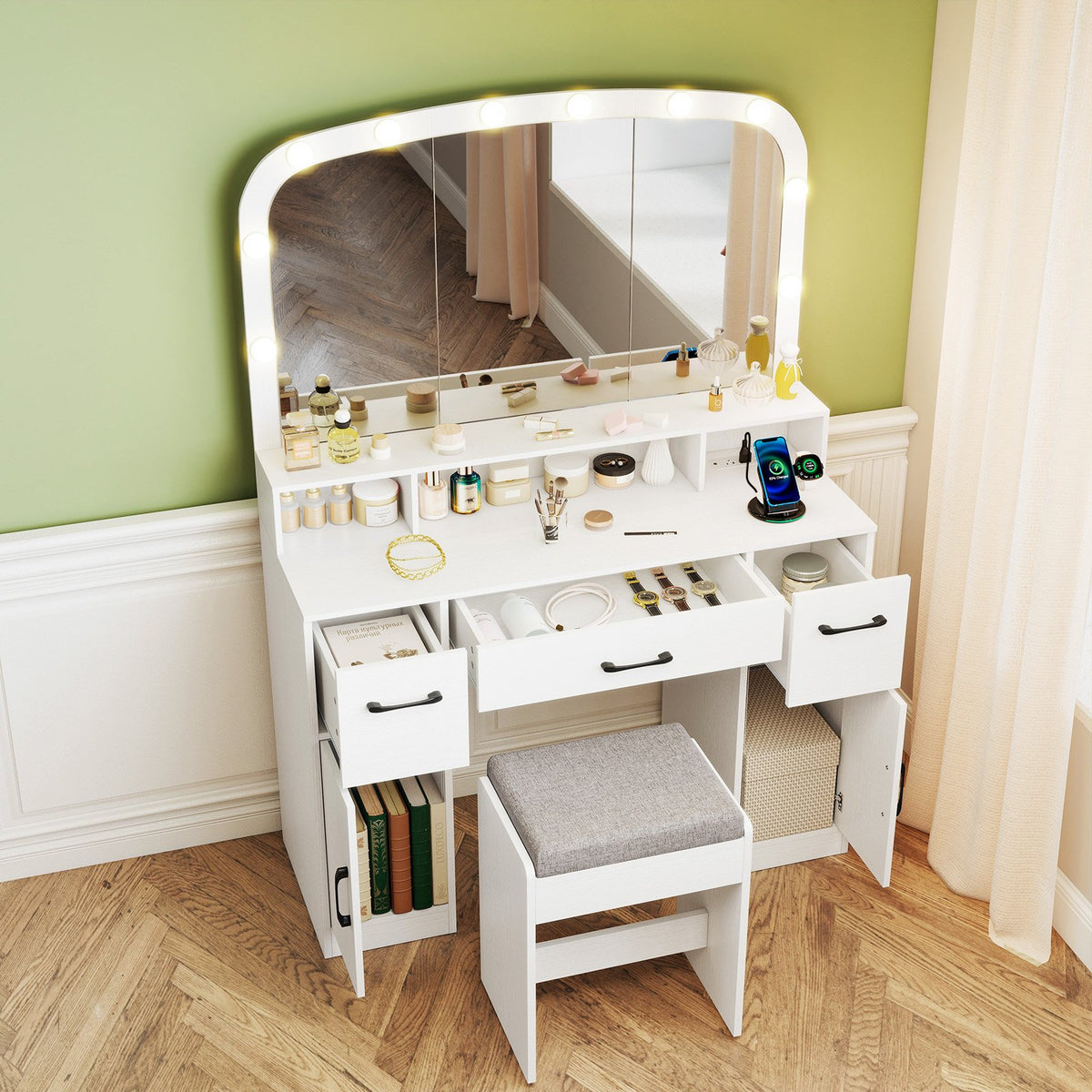 Vanity Desk Makeup Table with Stool 3-Color Lights and Charging Station-White view 6