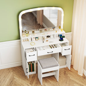 Vanity Desk Makeup Table with Stool 3-Color Lights and Charging Station-White view 6