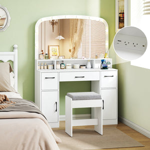 Vanity Desk Makeup Table with Stool 3-Color Lights and Charging Station-White view 7