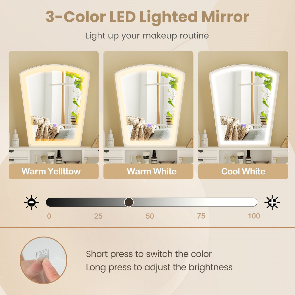 Vanity Desk Set with 3-Color Adjustable LED Lighted Mirror and Drawers-White view 7