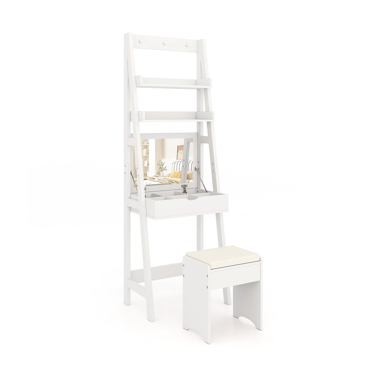 Vanity Desk Set with Flip Top Mirror, Hidden Storage Compartments and Cushioned Stool-White
