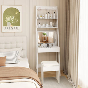 Vanity Desk Set with Flip Top Mirror, Hidden Storage Compartments and Cushioned Stool-White view 2