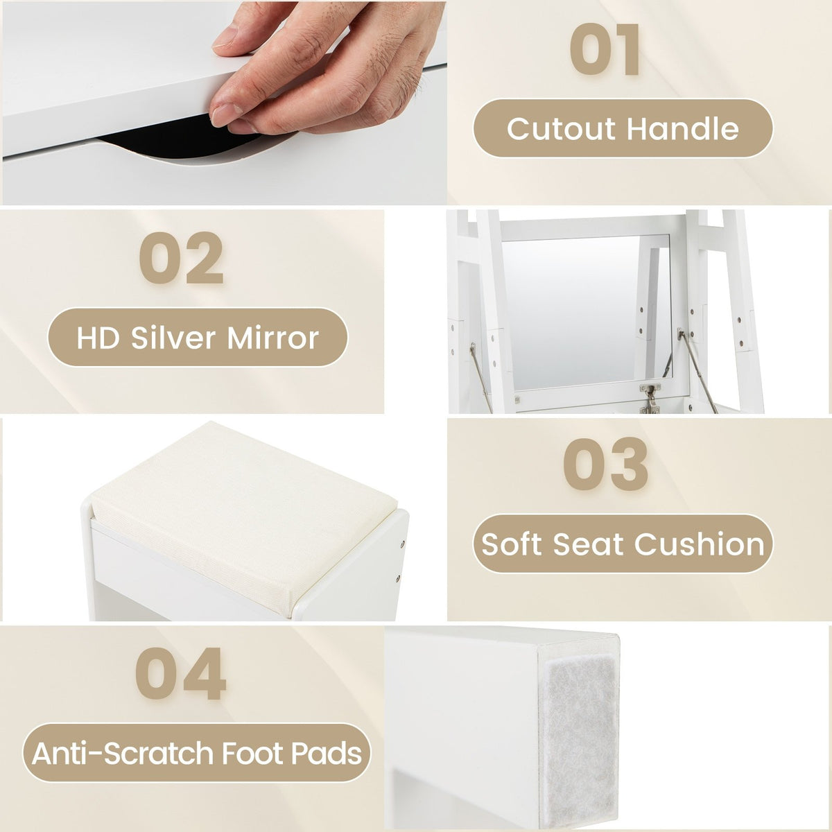 Vanity Desk Set with Flip Top Mirror, Hidden Storage Compartments and Cushioned Stool-White view 6