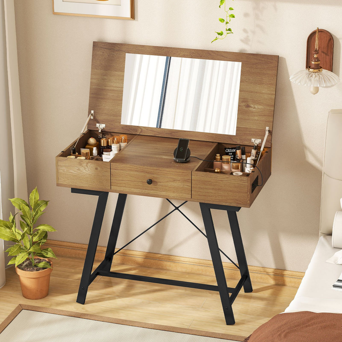 Vanity Desk with Flip Top Mirror Makeup Dressing Table-Rustic Brown view 2