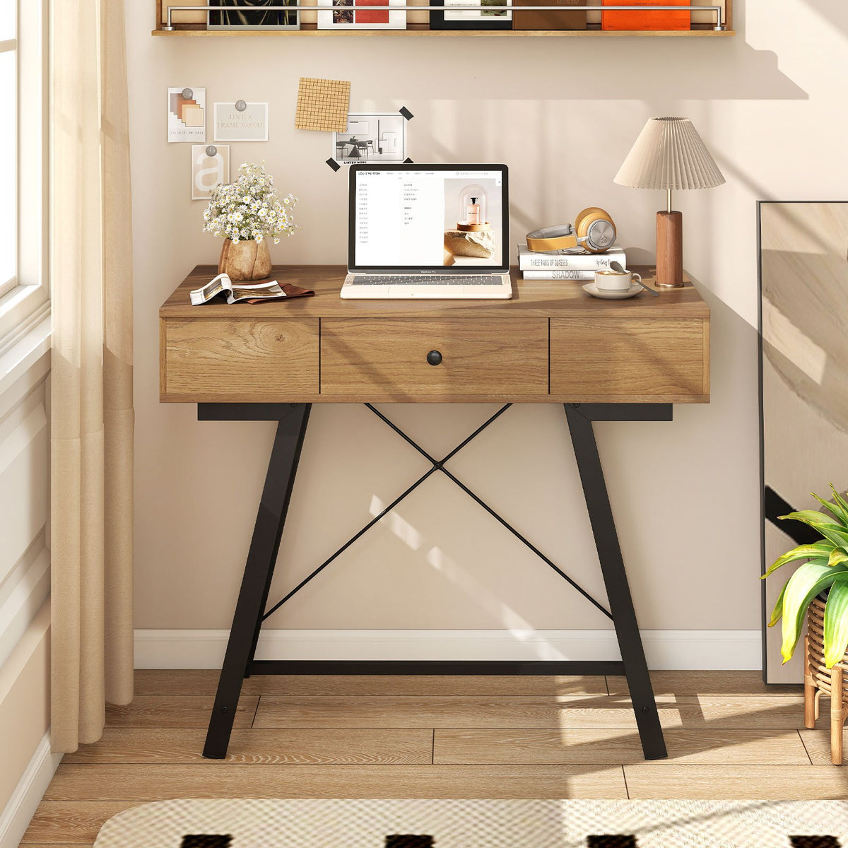 Vanity Desk with Flip Top Mirror Makeup Dressing Table-Rustic Brown view 3