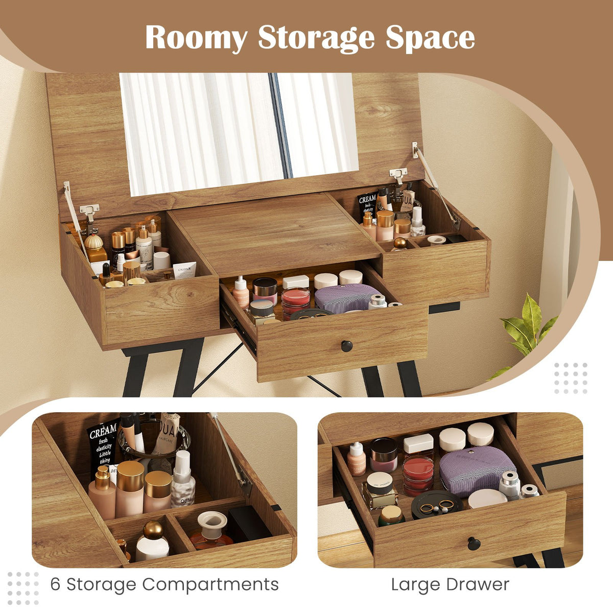 Vanity Desk with Flip Top Mirror Makeup Dressing Table-Rustic Brown view 8