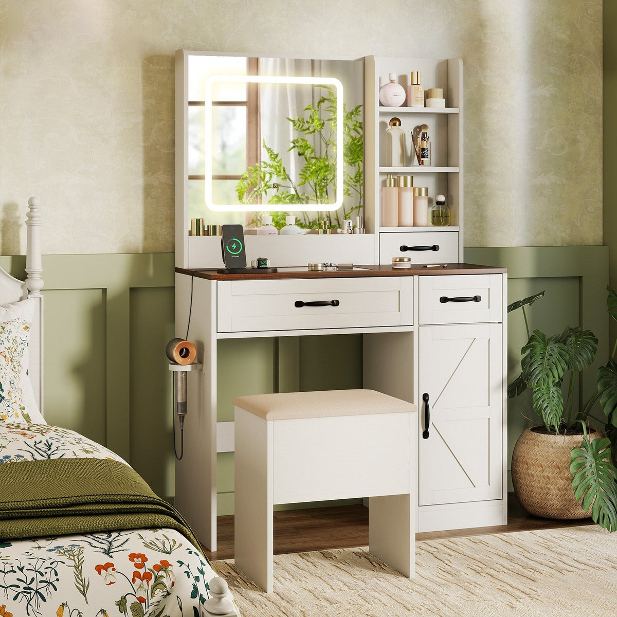 Vanity Desk with Mirror and Lights Farmhouse Makeup Dressing Table-White view 2