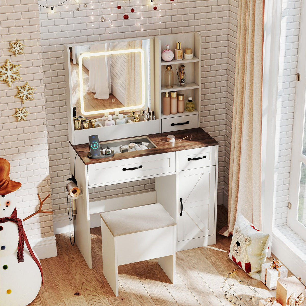 Vanity Desk with Mirror and Lights Farmhouse Makeup Dressing Table-White view 3