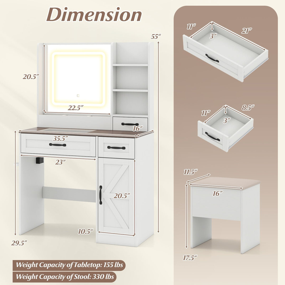 Vanity Desk with Mirror and Lights Farmhouse Makeup Dressing Table-White view 4