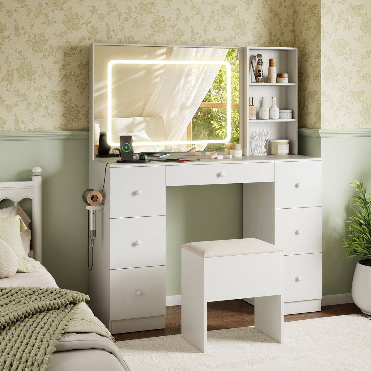 Vanity Desk with Mirror and Lights Makeup Dressing Table Vanity Table and Stool Set-White view 2