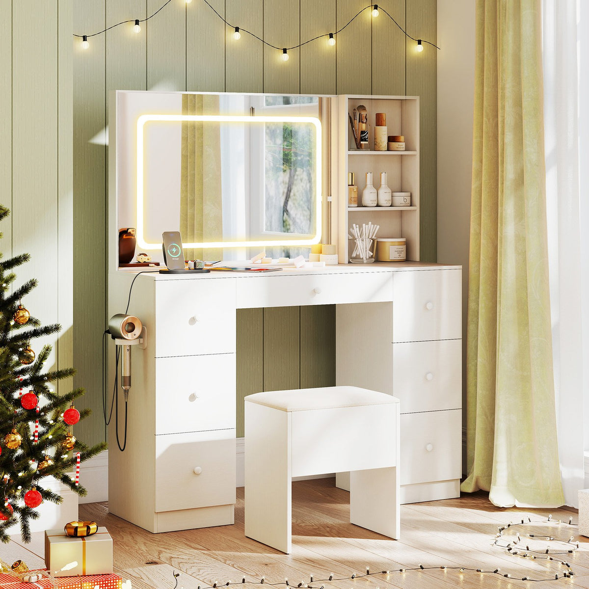 Vanity Desk with Mirror and Lights Makeup Dressing Table Vanity Table and Stool Set-White view 3