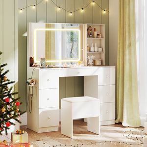 Vanity Desk with Mirror and Lights Makeup Dressing Table Vanity Table and Stool Set-White view 3
