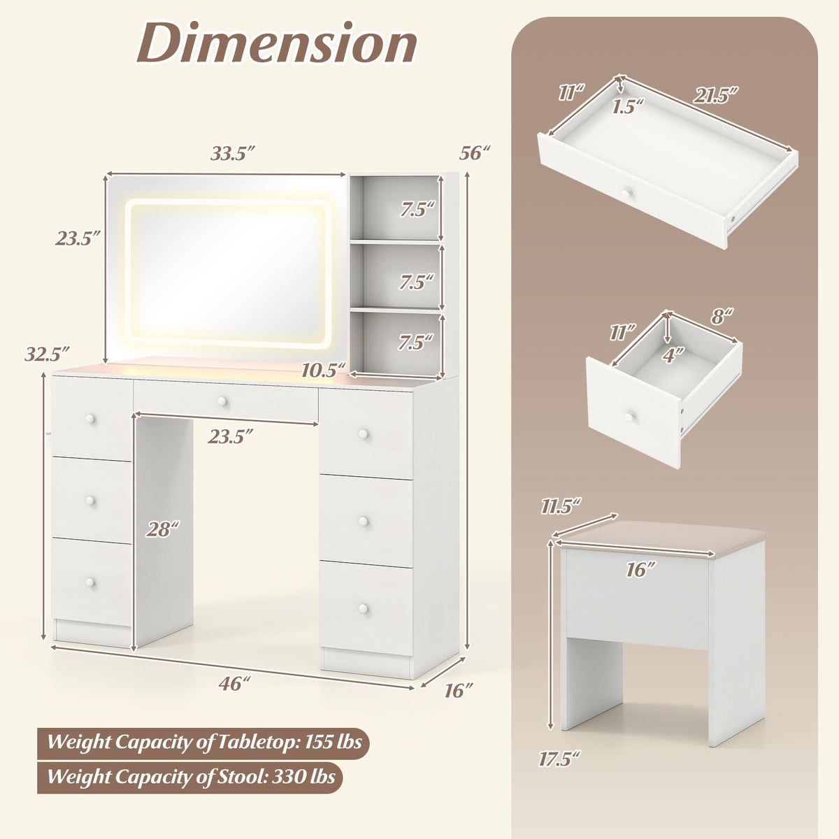 Vanity Desk with Mirror and Lights Makeup Dressing Table Vanity Table and Stool Set-White view 4