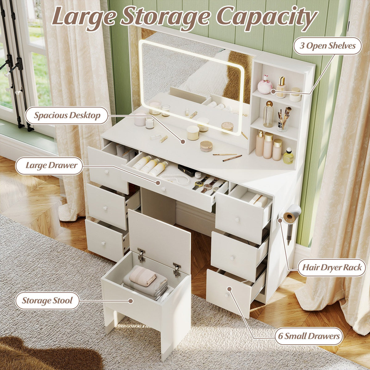 Vanity Desk with Mirror and Lights Makeup Dressing Table Vanity Table and Stool Set-White view 5