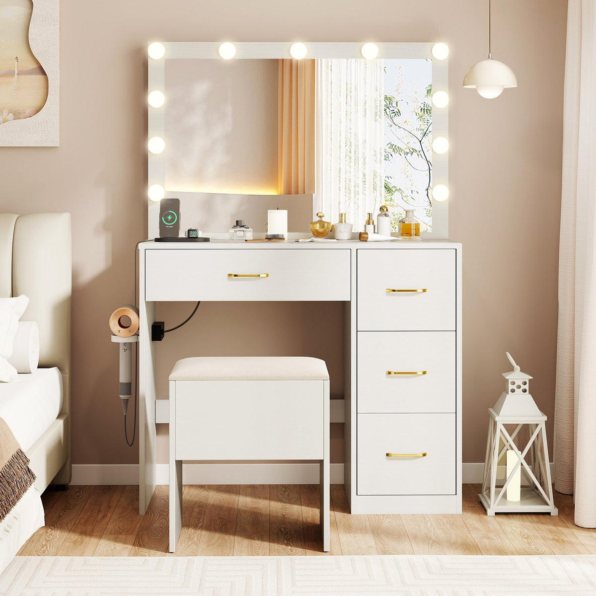 Vanity Desk with Mirror and Lights Makeup Dressing Table with Power Outlets-White view 2