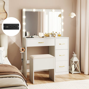 Vanity Desk with Mirror and Lights Makeup Dressing Table with Power Outlets-White view 3