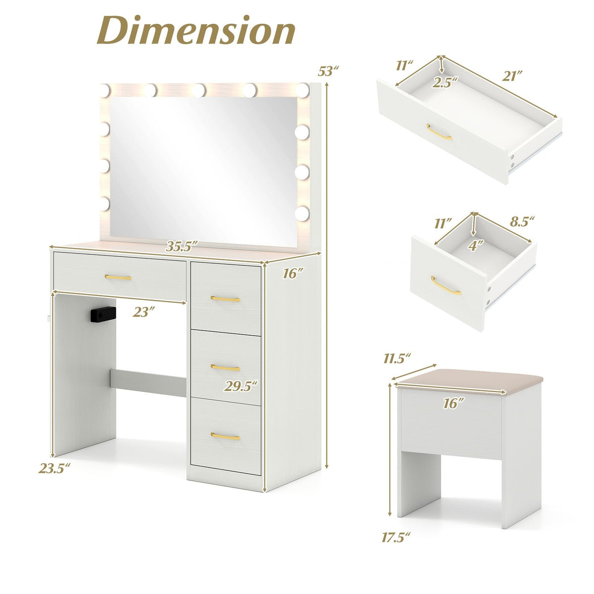 Vanity Desk with Mirror and Lights Makeup Dressing Table with Power Outlets-White view 4