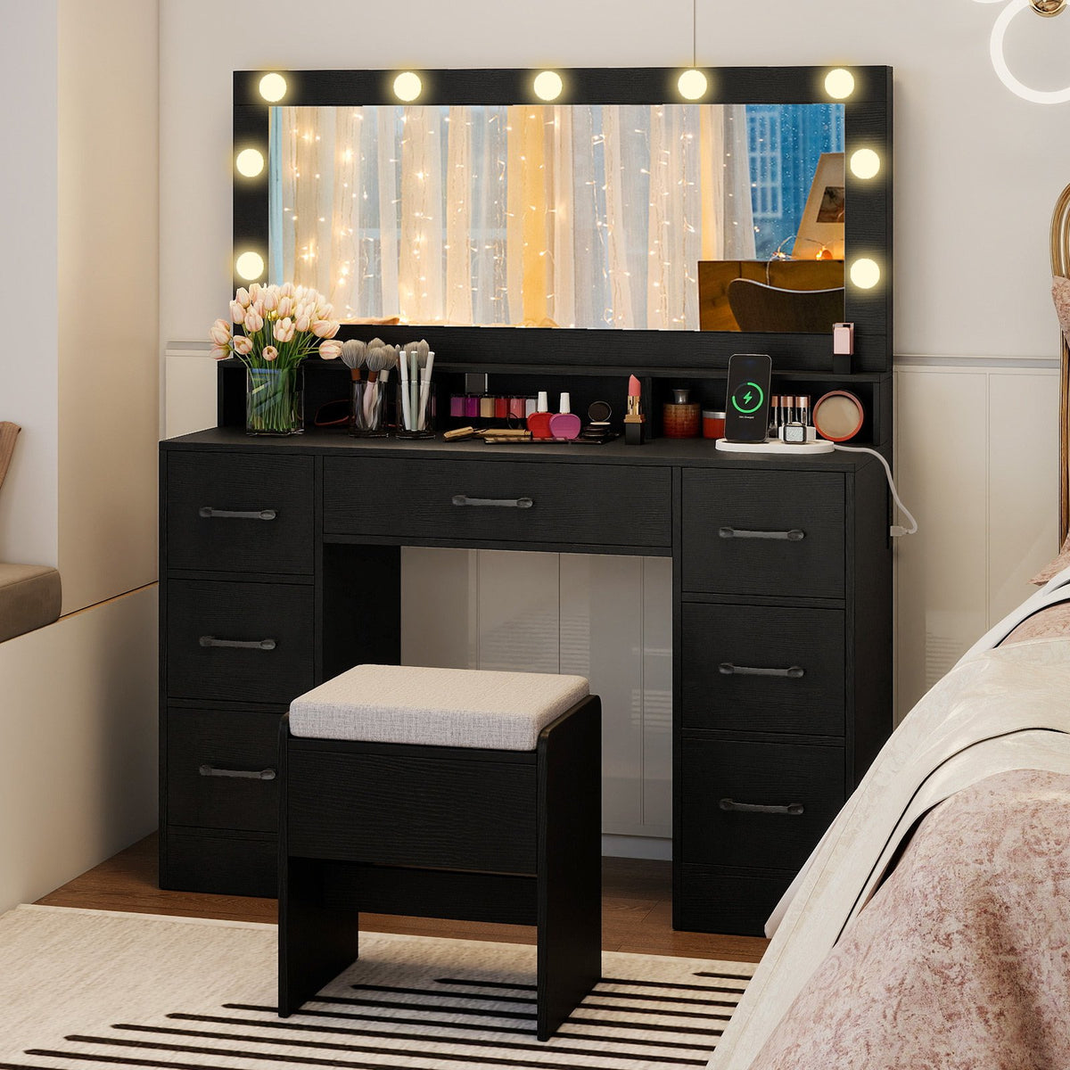 Vanity Desk with Mirror and Lights Makeup Table with Power Outlets-Black view 2