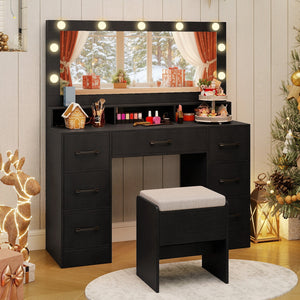 Vanity Desk with Mirror and Lights Makeup Table with Power Outlets-Black view 3