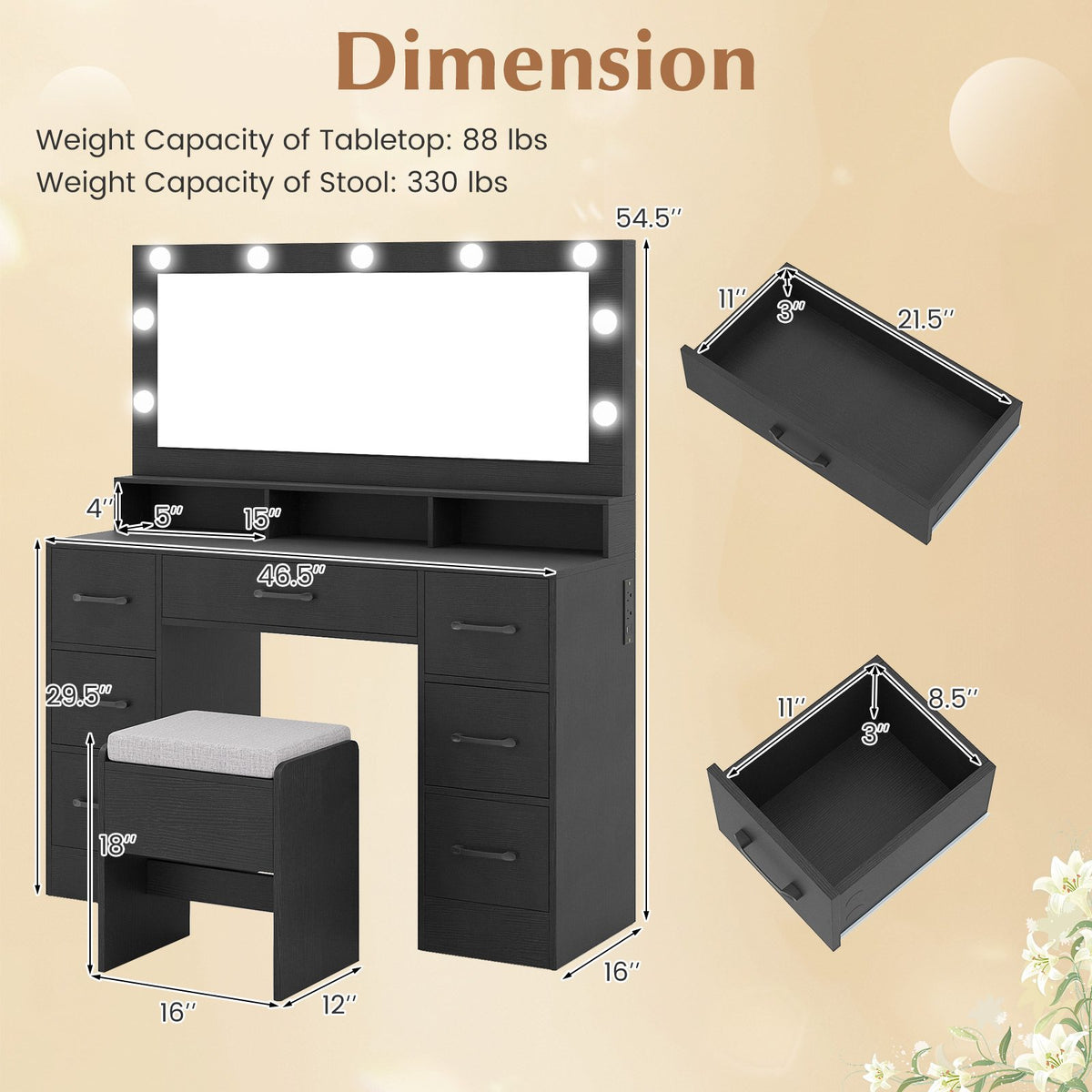 Vanity Desk with Mirror and Lights Makeup Table with Power Outlets-Black view 4