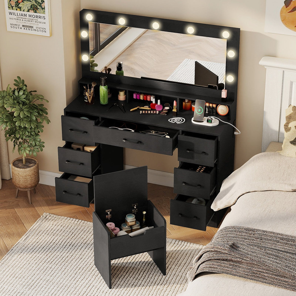 Vanity Desk with Mirror and Lights Makeup Table with Power Outlets-Black view 5