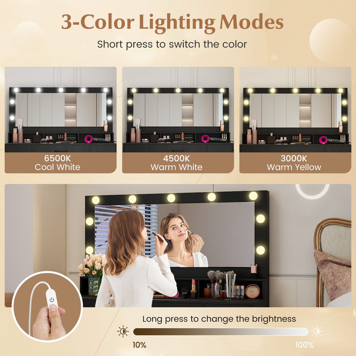 Vanity Desk with Mirror and Lights Makeup Table with Power Outlets-Black view 7